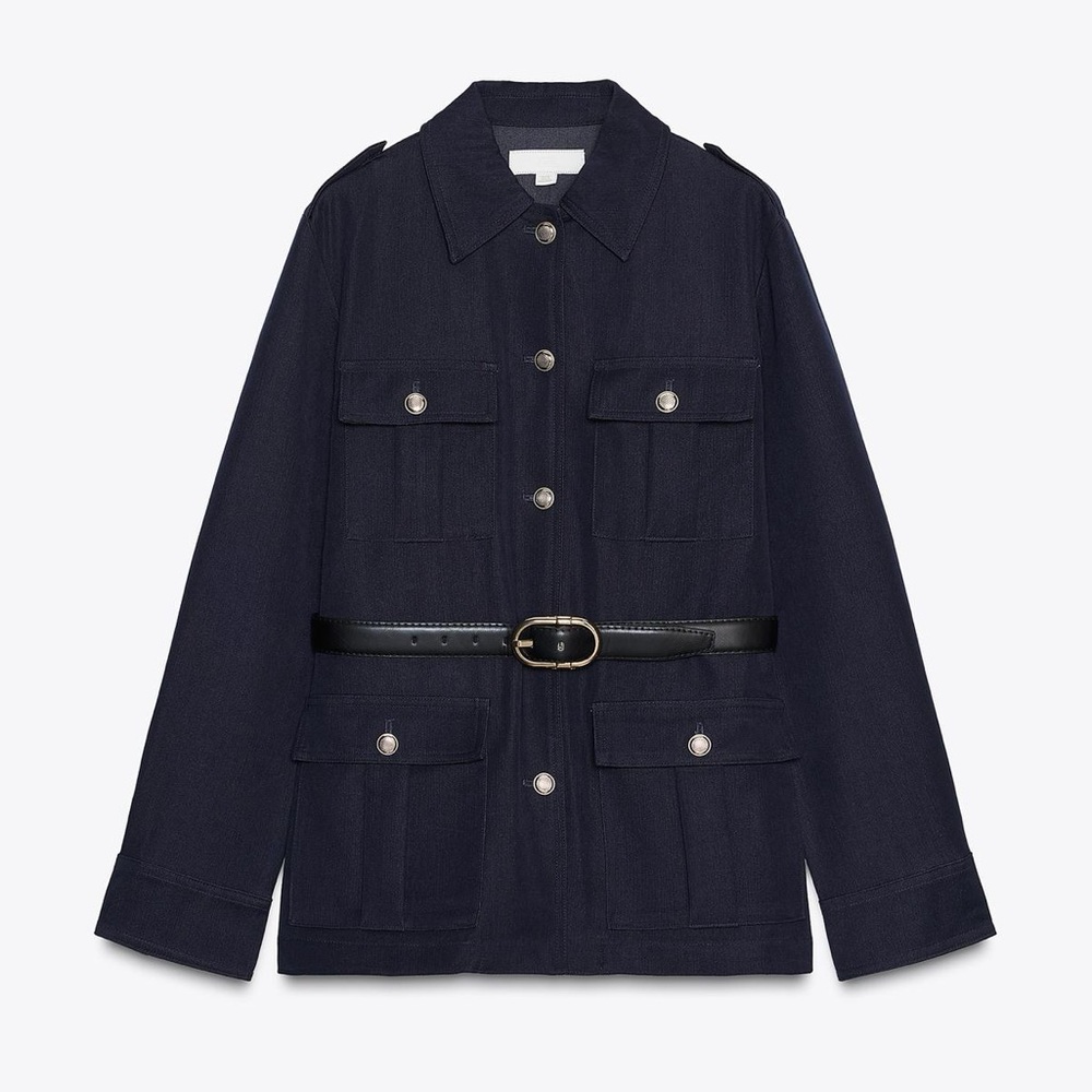 Zara NWT Blue Patch Pocket Lapel Collar Long Sleeve Jacket w/ Gold Buttons (XL) - Picture 4 of 7